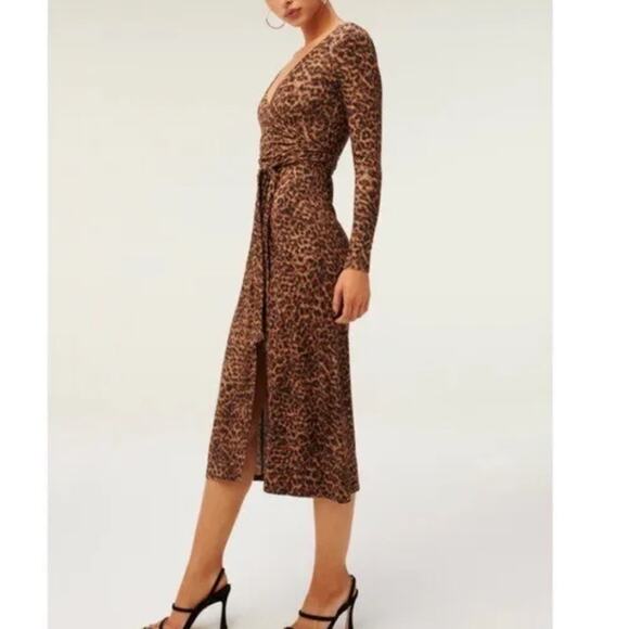 GOOD AMERICAN Daynight Long Sleeve Midi Wrap Dress in Caramel Leopard - Picture 7 of 8